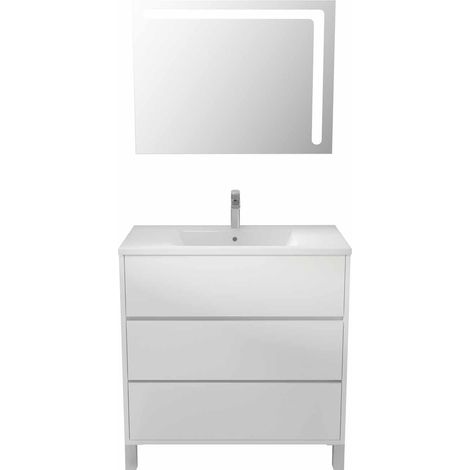ensemble meuble de salle de bain blanc 80 cm sur pied 3 tiroirs + vasque ceramique blanche + miroir — vue 3