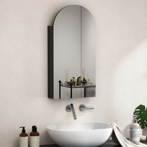 Armoire de salle de bain avec miroir incurvé sans cadre et étagères en verre réglables, noire (1/5)