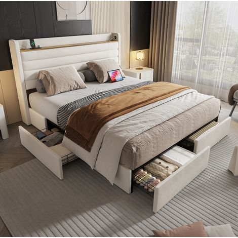 Letto imbottito adulti 140x200 cm con 4 cassetti, porta USB e testiera con vano portaoggetti, velluto, beige, senza materasso (1/5)