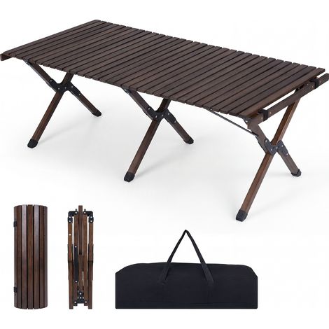 Table de Camping Pliante en Bois, Table de Pique-nique Portable 4-6 Personnes, Plateau à Lattes Enroulable, Sac de Transport, 122 x 60 x 45 cm, Brun (1/5)