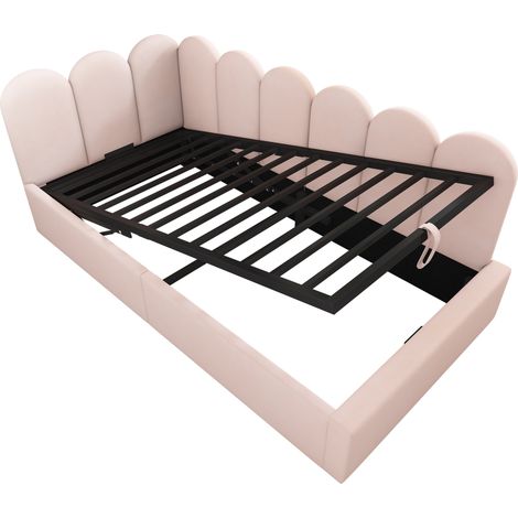Letto banquette 90x190 cm in velluto rosa con contenitore idraulico e rete metallica (1/5)