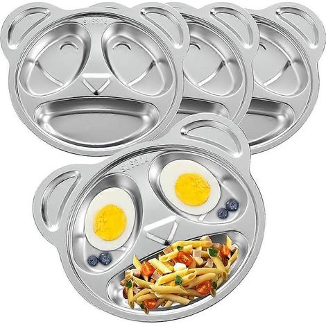 Lot de 4 assiettes compartimentées en acier inoxydable, motif panda, 3 compartiments, idéales pour les enfants difficiles, adultes et régimes. (1/5)