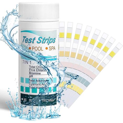 7 en 1 Bandelette pour Eau de Piscine et Spa, 100pcs Bandelettes de Test de Piscine, Analyse Eau Piscine Rapide et Complète, pour Tester Le Chlore, Taux De Brome, Totale Dureté, PH (1/5)