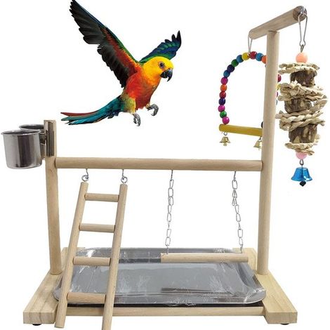 Posatoio in legno per pappagalli, parco giochi per uccelli, supporto per pappagalli con ciotola per il cibo, altalena, scaletta e vassoio, gioco con campanellino. (1/5)