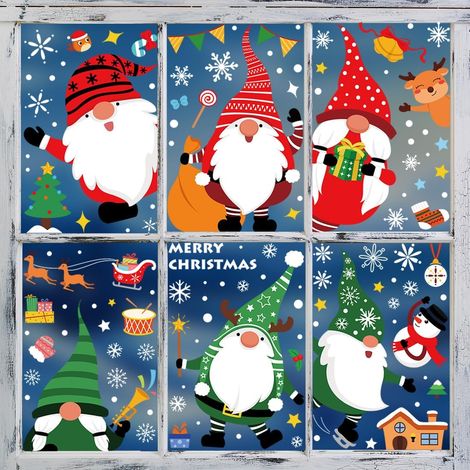Autocollant Noël Fenêtre, Decoration Noel Interieur Maison Stickers Gnome Noël Fenetre Réutilisable Amovible pour Magasin Vitre Vitrine Porte, Grand Coloré Autocollants Hiver Flocon de Neige Sticker (1/5)