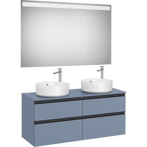 Pack meuble "The gap"1200 pour 2 vasques à poser - 4 tiroirs + plan + miroir LED - bleu mat/ poignées noires - Roca (1/2)