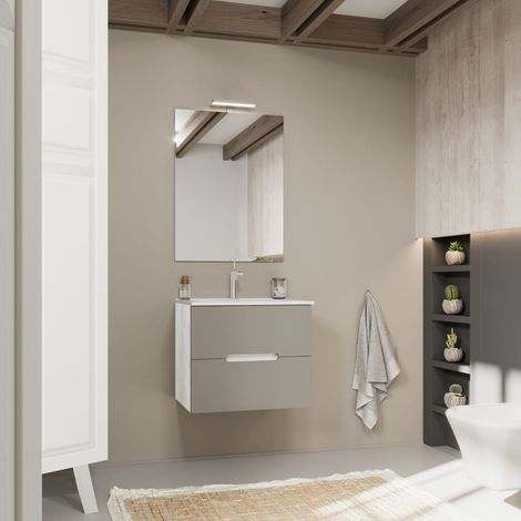 Möbelset Für Das Badezimmer 60Cm, Holzoptik Eiche Weiss Und Matt Graue Auszüge Magnolia