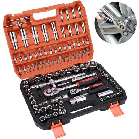 Ej.Life 1/2" + 1/4" Cle a Douille a Cliquet Coffret de Douilles, & Coffret de Vissage Embouts, Joint Universel, Rallonges, Clés héxagonaleset Barre Coulissante 108pcs pour Voiture (1/5)