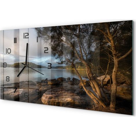 Horloge Murale Élégante 60x30 cm Verre Décoratif Style Contemporain Arbre au bord de la rivière