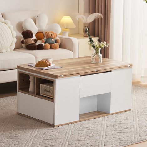 Table basse multifonctionnelle relevable - Plateau dépliable en 2 tables, Blanc + Bois naturel, Grande capacité, Mobilier de salon moderne, Table de salle à manger/bureau multifonctionnelle (1/5)