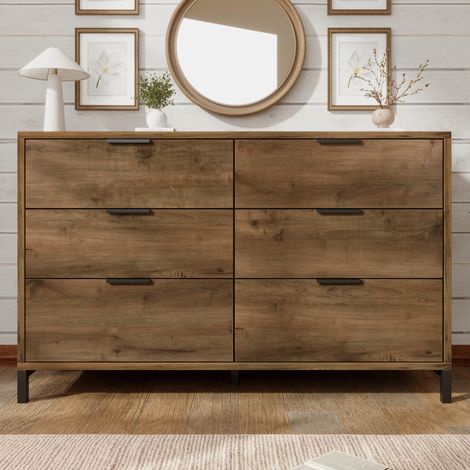 Commode 120x76cm - 6 Tiroirs - Style Industriel - Pieds Métal Réglables - Capacité 50kg - Chêne Foncé (1/5)