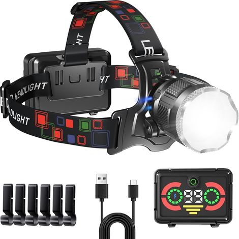 Lampe frontale LED rechargeable, super lumineuse 100000lm avec capteur, batterie 9000mAh et 5 modes d'éclairage et étanche IP65, lampe frontale rechargeable avec angle réglable à 90° pour le camping