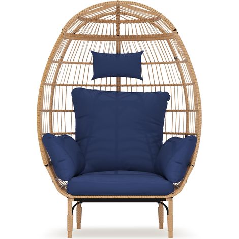 IDEALHOUSE Fauteuil œuf suspendu XXL sur pied en rotin PE - Tarif 227 kg - Cadre acier & base métal - 5 coussins épais déhoussables, imperméables - Patio/balcon/intérieur - Coloris Log + Military Blue (1/5)