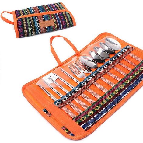 Ensemble de 12 pièces pour le camping et les activités de plein air : couverts portables en acier inoxydable (baguettes, couteau, fourchette, cuillère) et sac de rangement pliable. (1/5)