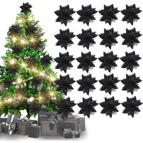 20 Fleurs de Noël Noires Poinsettias 14cm, Décorations Artificielles Brillantes avec 20 Pinces Métalliques pour Sapin, Couronne, Guirlande, Fête (1/5)