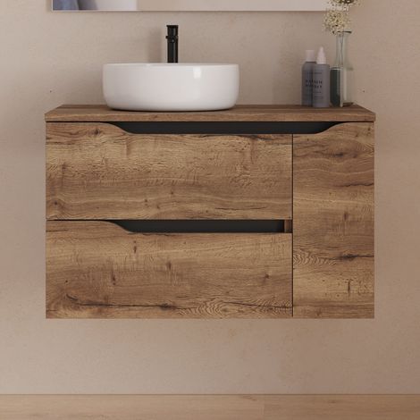 Meuble de salle de bain 80cm avec plateau et vasque à poser déportée à gauche Ares - sans miroir - 2 tiroirs et un placard - tabaco (bois foncé) - ZARZA