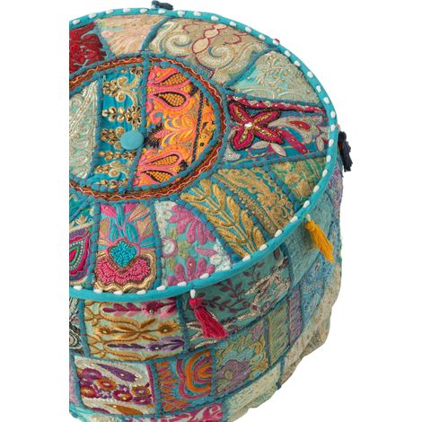 Pouf rond à motifs et pompons 40x40x30 cm en coton bleu - XANAN (1/3)
