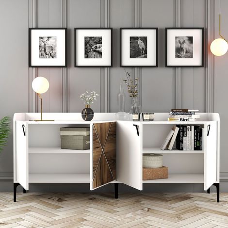 Credenza Elini, Madia 2 Ripiani, 4 Ante, 1 Anta Effetto Legno, 180x35x78h cm Bianco (1/5)