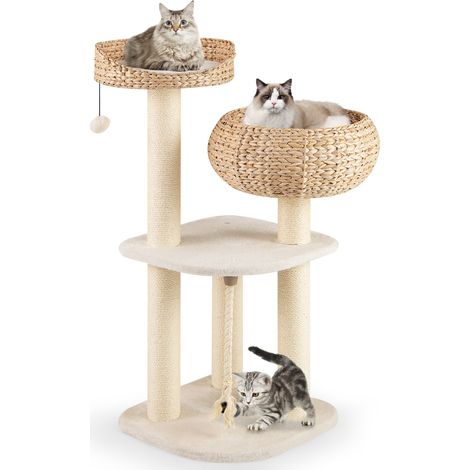 Costway – Arbre à chat 104 cm – Bois avec 3 poteaux en sisal – 3 plateformes et panier – Conception stable et sécurisée – Beige (1/5)