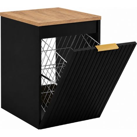 Mobile bagno sospeso con cesto, Nero / piano Rovere craft, maniglia dorata, 40 x 46 x 58,6 cm (1/5)
