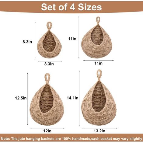 Lot de 4 paniers de rangement suspendus en forme de larme en jute tissé à la main pour garde-manger, panier de fruits et légumes à suspendre Boho (1/4)