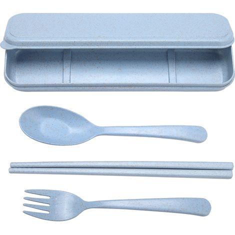 1 Ensemble couverts paille de blé, étui portable, cuillère fourchette baguettes, bleu, maison bureau voyage (1/5)