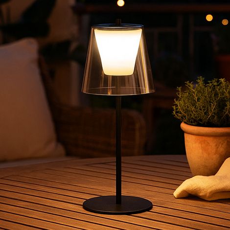 LED Tischleuchte Touchdimmer Außenlampe Rauchglas Gartenlampe Akku Tischlampe, Metall sandschwarz, 2W 270lm warmweiß, DxH 14 x 35 cm (1/5)