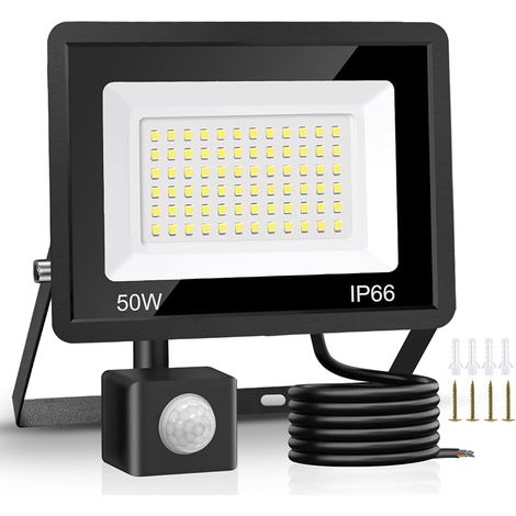 Jsdoin LED-Außenstrahler, 50 W, Sicherheitsleuchte mit Bewegungsmelder, 4500 Lumen, 6500 K, PIR-Sicherheitslampe, IP66, wasserdichtes Tageslichtlicht mit 2 m Kabel (1/5)