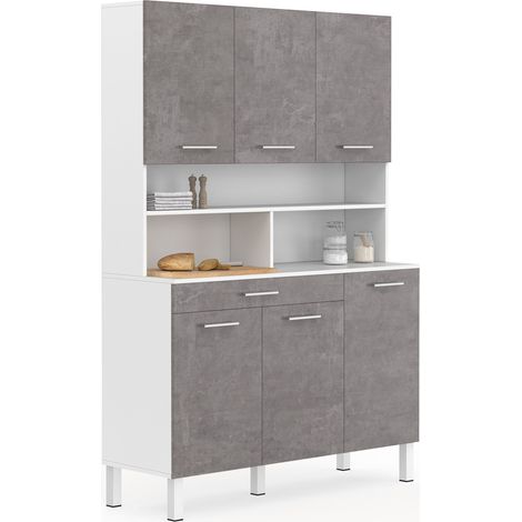 Idmarket – Buffet de cuisine 120 cm 6 portes – Tiroir 80 cm – Structure blanche – Portes effet béton – Hauteur 177 cm – Largeur 40 cm