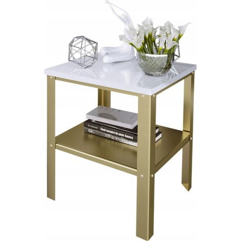 Verschraubter Tisch mit Ablage im Loft-Industrie-Stil, Wohnzimmer 40x40x45 cm, Gold + Hochglanzweiß (1/4)