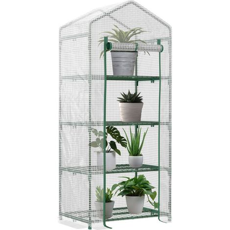 Serre De Jardin - Châssis Acier Galvanisé - Bâche Pe Renforcée 140 G M² - Porte Zippée Enroulable - 4 Étagères - 70x50x160 Cm - Blanc (1/5)