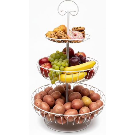 Relaxdays Présentoir à fruits, 3 niveaux, métal, H x P : 47 x 30 cm, avec poignée, corbeille ronde, blanc