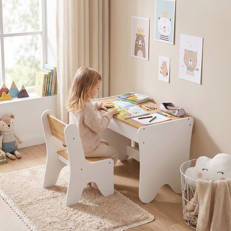 Bureau et Chaise pour Enfant 2 Pièces, Ensemble Table d'Activité avec Tiroir, 3 à 8 Ans, Blanc et Bois Naturel (1/5)
