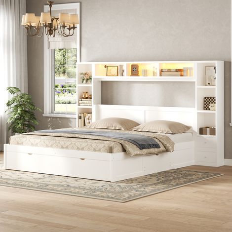 Cama doble 140x200 cm de MDF blanco con 7 cajones y LED, sin colchón – MEUBLIV (1/5)