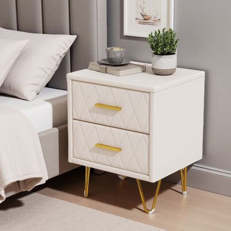 Nachttisch Set von 2, mit 2 Schubladen, Griff aus goldenem Metall, moderner Stil, für Schlafzimmer, Wohnzimmer, Beige