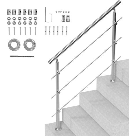 Garde-corps extérieur pour escalier, 120 cm, 3 barres, kit de rampe en acier inoxydable, double colonne, pour seniors, terrasse et porche. (1/5)