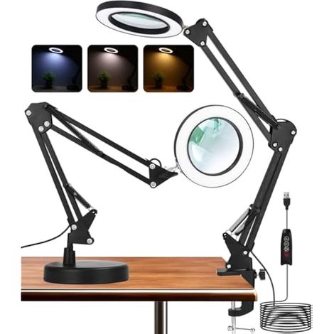 Loupe 2-en-1 avec lumière et support, Lampe loupe LED Jubor 15X10X avec socle et pince, Lampe de bureau 3 modes de gradation, Loupe LED pour amateurs, Lampe de lecture LED (1/3)