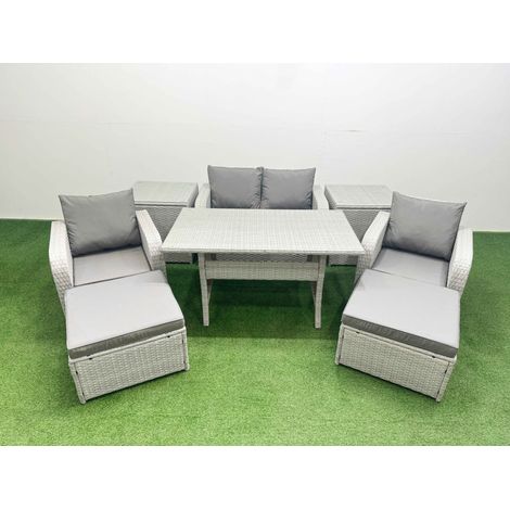 Fimous Light Grey PE Wicker Rattan Garden Furniture Set Sofa Set Reclining Chair Rectangular Dining Table 6 Seater 2 Big Stools 2 Side Table (1/4)