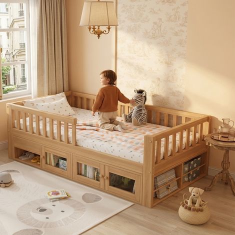 Cama infantil con almacenaje estilo natural en madera 90x200 cm con barandillas de seguridad, cajón, armario doble y somier de láminas