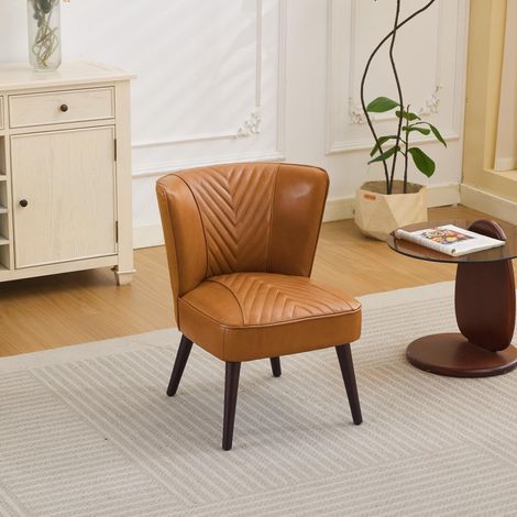 Fauteuil de salon sans accoudoirs en cuir véritable marron clair – piètement en hévéa massif, fauteuil au confort moderne