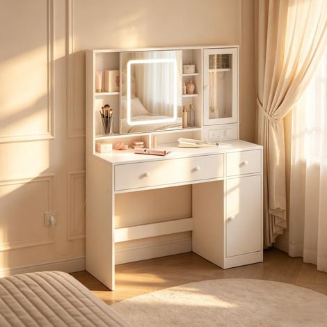 Toeletta con specchio LED scorrevole e prese, bianco, 108x40x139 cm