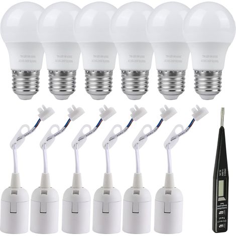 Kit d'éclairage E27 : 6 douilles et 6 ampoules LED 5W 6500K blanc froid - Douille E27 avec câble et testeur de tension - Montage mural - 230V - Matériau PET (1/5)