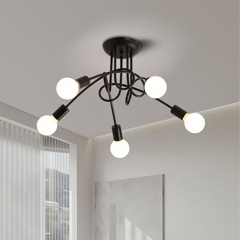 Plafonnier Industriel 5 Lumières - Fer Noir - Design Spoutnik Moderne - Éclairage Intérieur Puissant - Salon Chambre Cuisine - 66x66x28 cm (1/5)