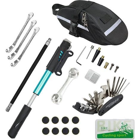 Kit de reparación de bicicletas, kit de reparación de neumáticos 16 en 1, minibomba de 120 PSI, apto para bicicletas de montaña y de carretera - Azul - 20,5 cm