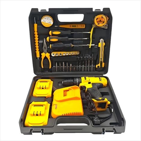Boîte à outils multifonctionnelle WD-05 pour perceuses électriques, avec deux batteries lithium-ion et divers accessoires.