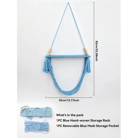 (Bleu M03567) Étagère murale bohème en macramé avec panier en filet, étagère flottante en bois pour la décoration de la maison, de la chambre au salon, et le rangement de la cuisine. Idée cadeau. (1/5)