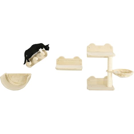Katzen Kletterwand 4 tlg, Katzenkratzbaum mit Klettern, Kaztentreppe, Hängematte, Sprungplatte, Wandkratzbaum für Katzen bis 5 kg
