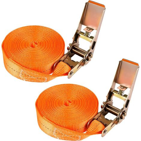 2 Sangles à Cliquet 8 m x 25 mm, Sangles d'Arrimage 800 kg, Orange  25mm Sangle Moto Remorque Robuste, Réglables Sangle de Remorquage pour Camion, Kayak, Velo, Voiture, Cargaison (1/5)
