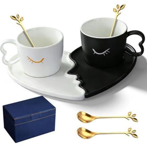 Lot de 2 tasses à café en céramique avec soucoupe, 200 ml, ensemble cadeau pour couple, mariage, fiançailles, anniversaire de mariage, Saint-Valentin (1/5)