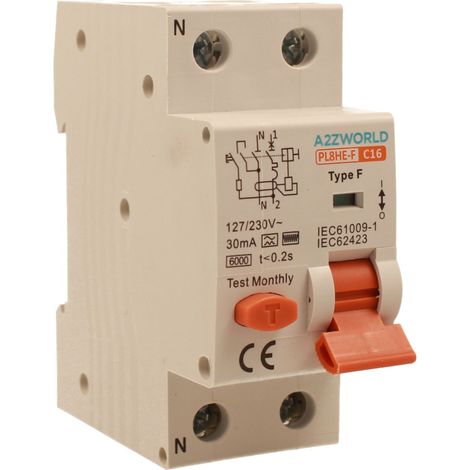 RCBO Interruttore Magnetotermico Differenziale Tipo F Curva C 1P+N 2M 6000A 30mA C16A AC 230V IP20 IEC61009-1 (1/3)